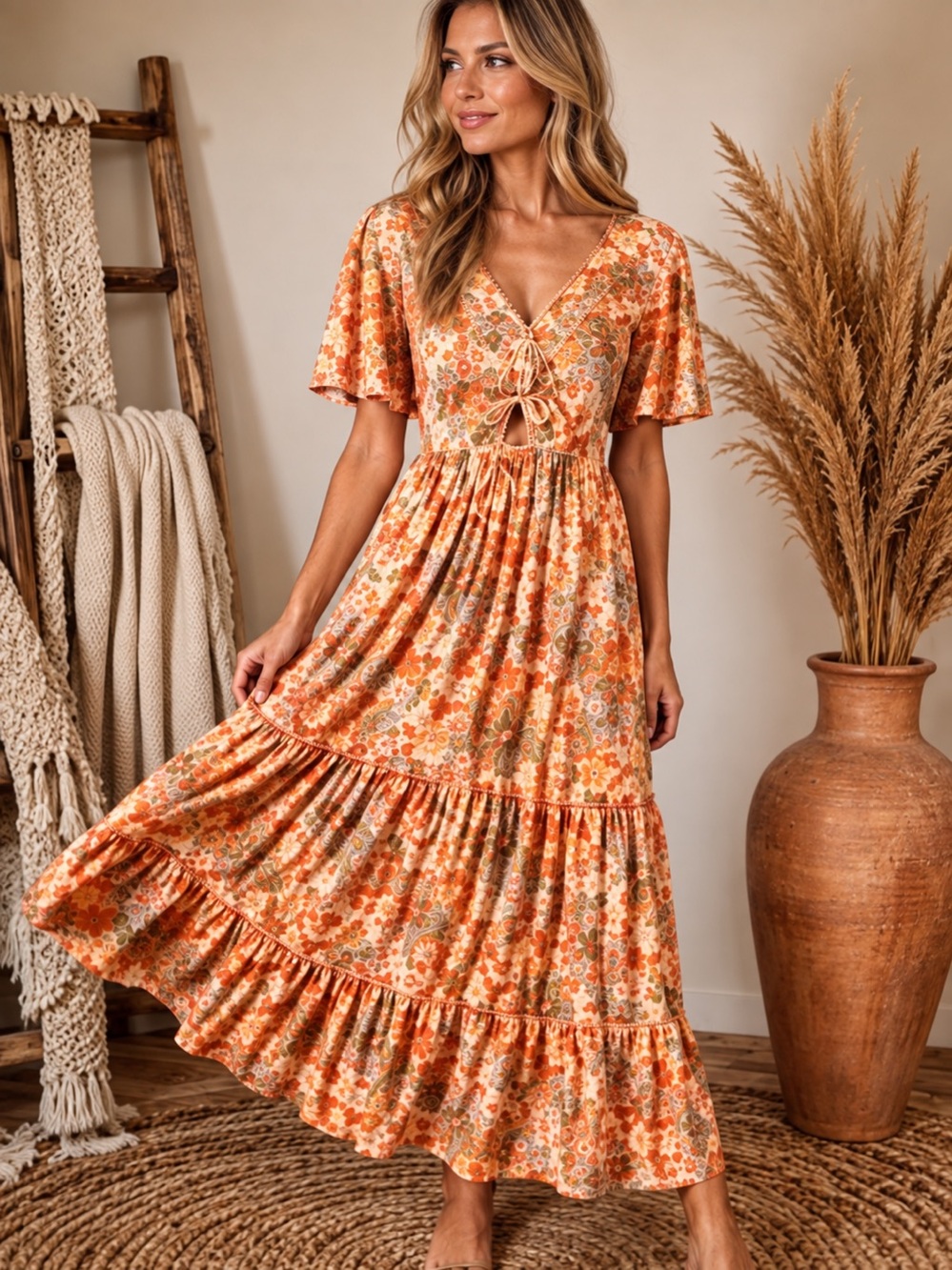 Band Of The Free “Sunset” Apricot Sand Color Bohemian Floral Maxi Dress Size Med